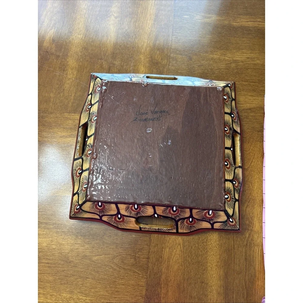 Handmade Wooden Tray With All Side Handles  12x12x 3 Inch Zihuatanejo Mexico